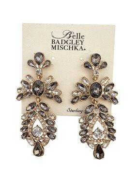 Badgley Mischka Gold Smoky Gray and Clear Crystal Chandelier Earrings NWT
